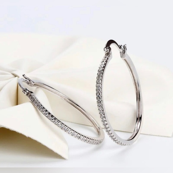 14k White Gold Plated Cubic Zirconia 30mm Hoop Earrings - Picture 4 of 7